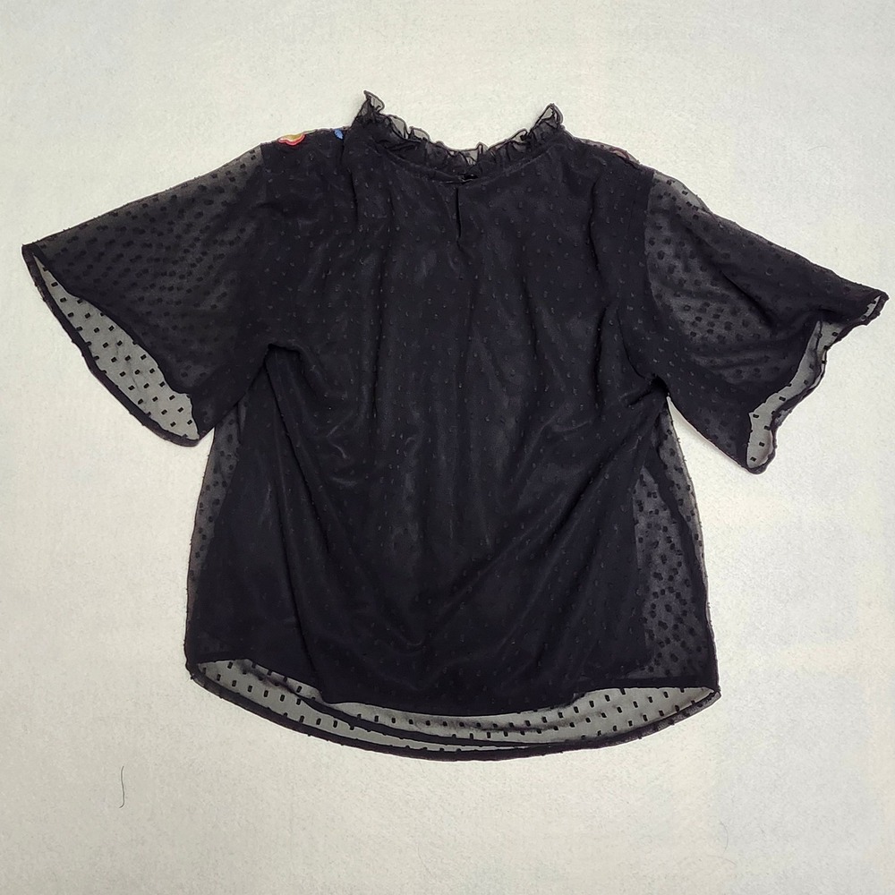 Floral Embroidered Boho Sheer Blouse Womens L Black Cottagecore Swiss Dot - Picture 6 of 7